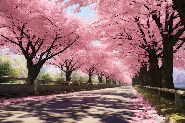 Fiori di ciliegio in piena fioritura lungo la strada nel parco