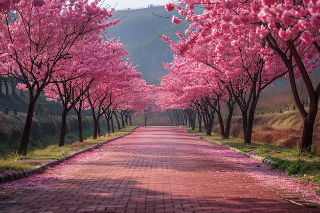 Fiori di ciliegio in piena fioritura lungo una strada nel parco