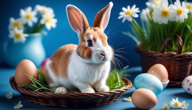 Fiori di coniglio di Pasqua e uova colorate su sfondo blu