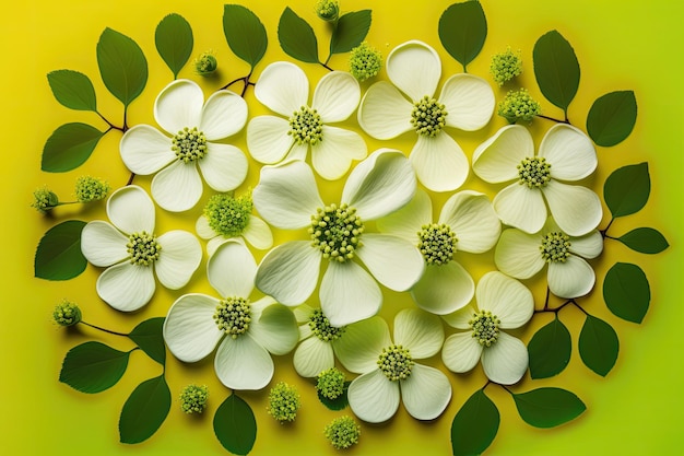 Fiori di corniolo bianco su sfondo giallo