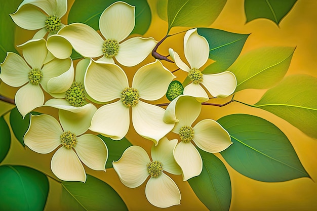 Fiori di corniolo bianco su sfondo giallo