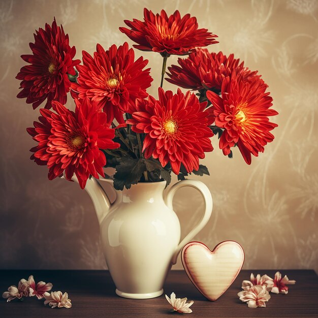 Fiori di crisantemo in un vaso Due cuori rossi Sfondo di San Valentino interno retrò