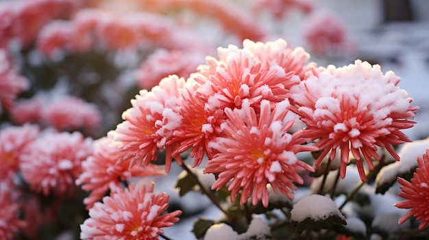 Fiori di crisantemo rosa autunnale nella neve