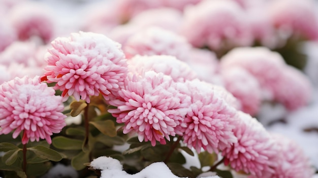 Fiori di crisantemo rosa autunnale nella neve