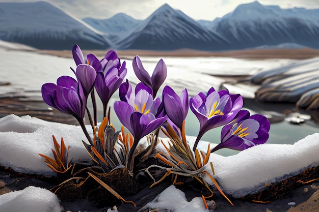 Fiori di croco viola che esplodono attraverso lo strato di montagne di neve che si sciolgono sullo sfondo