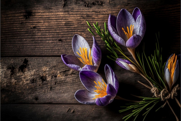 fiori di croco viola su sfondo di legno, ai creativi