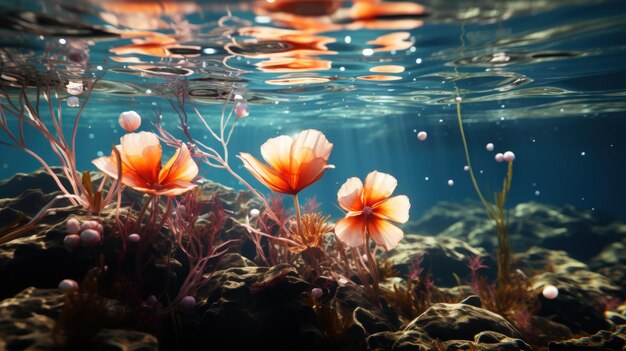 Fiori di dahlia in acqua Sfondio floreale Focalizzazione selettiva