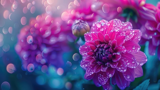 Fiori di dalia baciati dalla pioggia in un giardino che mostrano la loro bellezza in mezzo a gocce di pioggia luccicanti