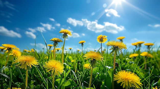 Fiori di dente di leone gialli e un cielo bellissimo