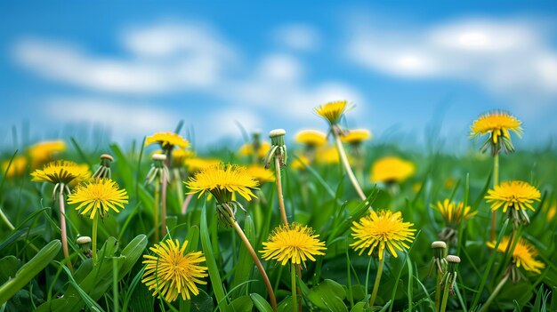 Fiori di dente di leone gialli e un cielo bellissimo