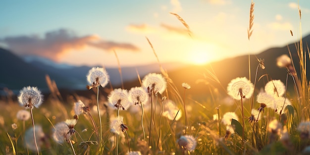 Fiori di dente di leone nel prato al tramonto Bellissimo sfondo della natura