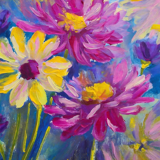 Fiori di fotoni Pittura acrilica Massimalismo Colori brillanti in rosa viola blu e giallo