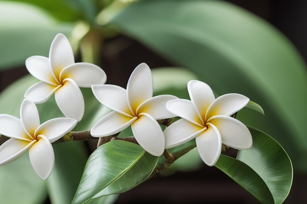 Fiori di frangipani bianchi con foglie verdi sullo sfondo ai generativo