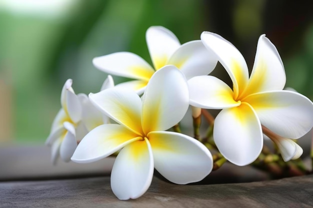 Fiori di frangipani bianchi e gialli su un tavolo di legno