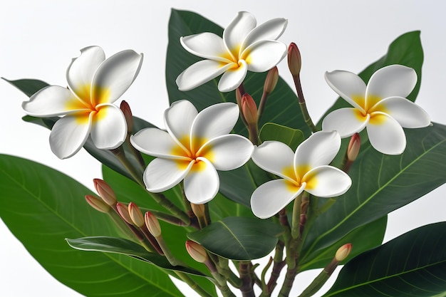 Fiori di Frangipani con foglie su sfondo bianco da vicino