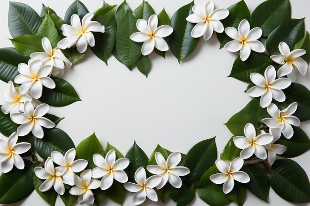 fiori di frangipani e foglie verdi sfondo bianco per lo spazio del testo L'immagine è delimitata