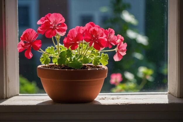 Fiori di geranio in vaso di terracotta accanto alla finestra