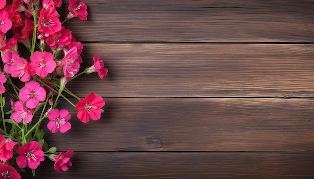 Fiori di geranio rosa su sfondo di legno con spazio di copia vista superiore