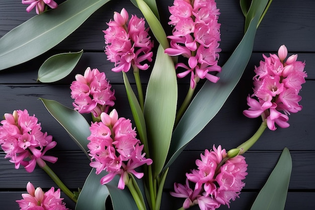 Fiori di giacinto rosa e piante di eucalipto su legno grigio scuro