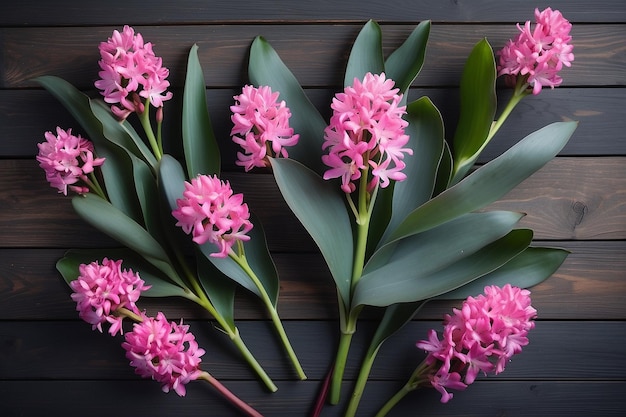 Fiori di giacinto rosa e piante di eucalipto su legno grigio scuro