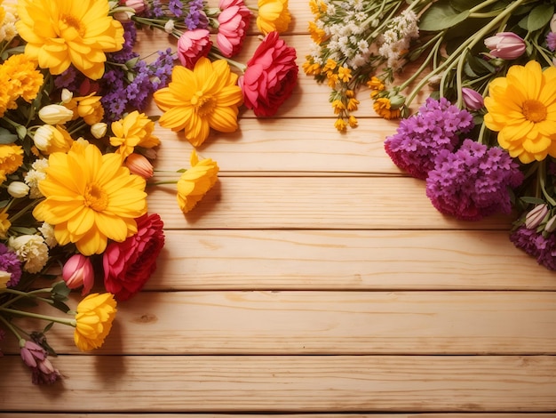 Fiori di giardino su sfondo di tavolo di legno giallo sfondo con spazio di copia