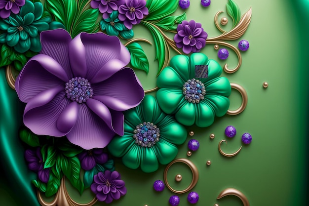 Fiori di gioielli di colore verde e viola.