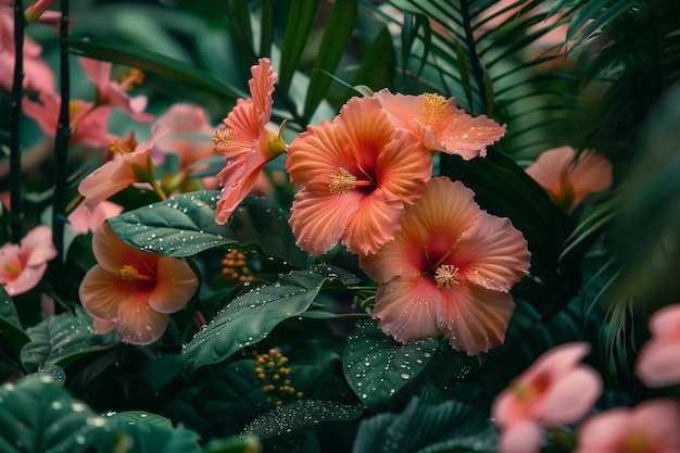 Fiori di ibisco in un giardino tropicale dopo la pioggia