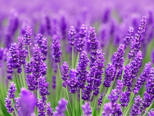 Fiori di lavanda da vicino Bellissime inflorescenze di lavanda alte, lunghe, viola e viola Stile di spostamento inclinato Bokeh anamorfico Illustrazione floreale astratta generata da AI Profumo di lavanda Campo estivo