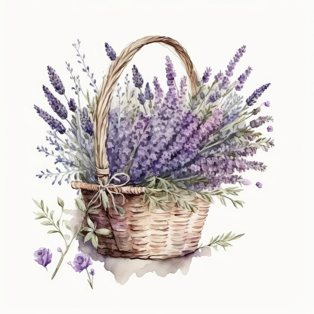 Fiori di lavanda dell'acquerello in cesto illustrazione AI generativa