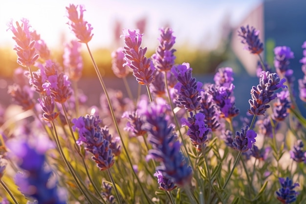 fiori di lavanda in un campo con il sole che splende attraverso le nuvole ai generativa