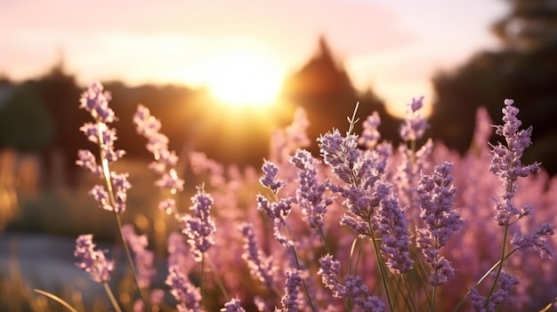 fiori di lavanda in un campo con il sole che tramonta sullo sfondo