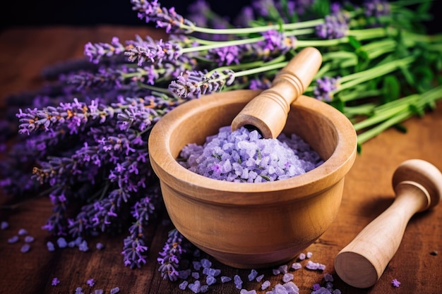 Fiori di lavanda in un mortaio e pestello per trattamenti di bellezza