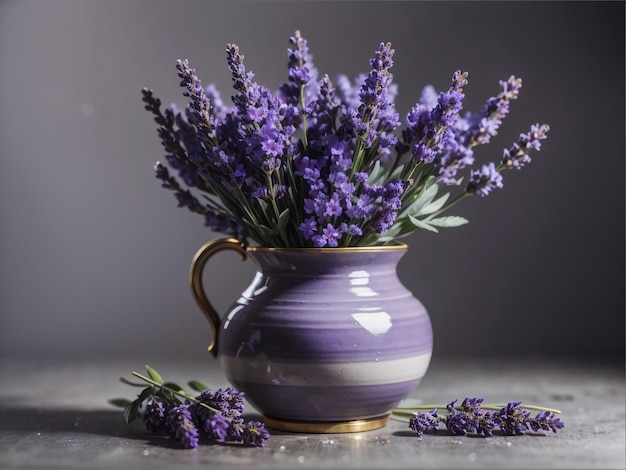 Fiori di lavanda in vaso di ceramica su sfondo grigio