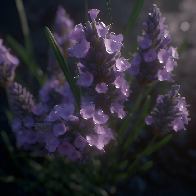 Fiori di lavanda viola con gocce di rugiada su sfondo scuro