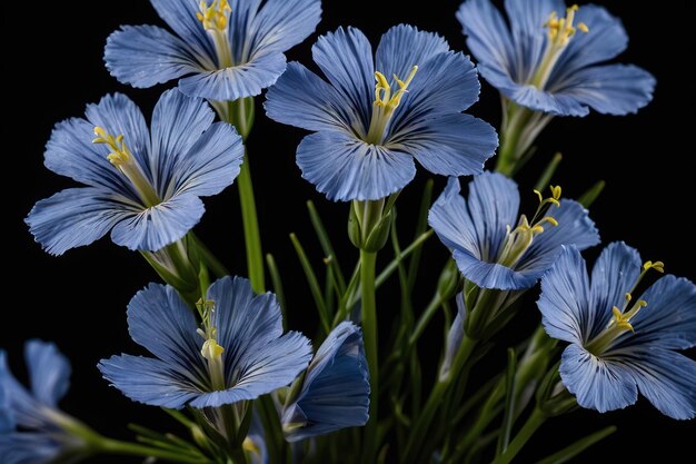 Fiori di lino blu isolati su sfondo nero