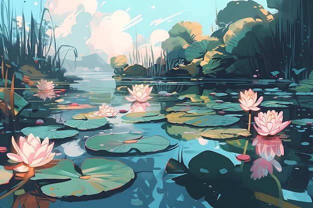 Fiori di loto in fiore e un riflesso dell'illustrazione dell'arte digitale del cielo blu
