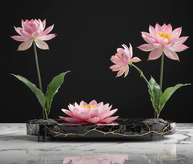 fiori di loto rosa in una ciotola nera su un tavolo di marmo