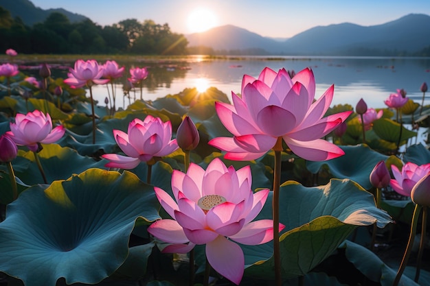 fiori di loto rosa su un lago retro luce tramonto