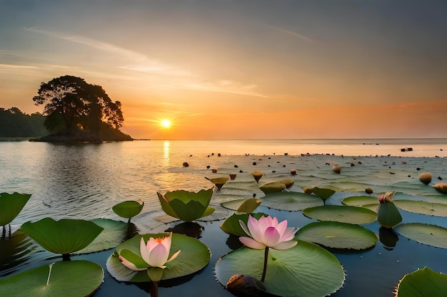 Fiori di loto sull'acqua con il tramonto sullo sfondo
