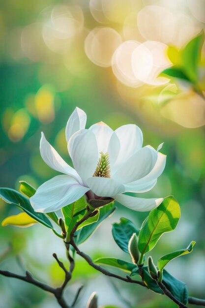 Fiori di magnolia allegri Fiori bianchi e viola In mezzo a foglie verdi lussureggianti