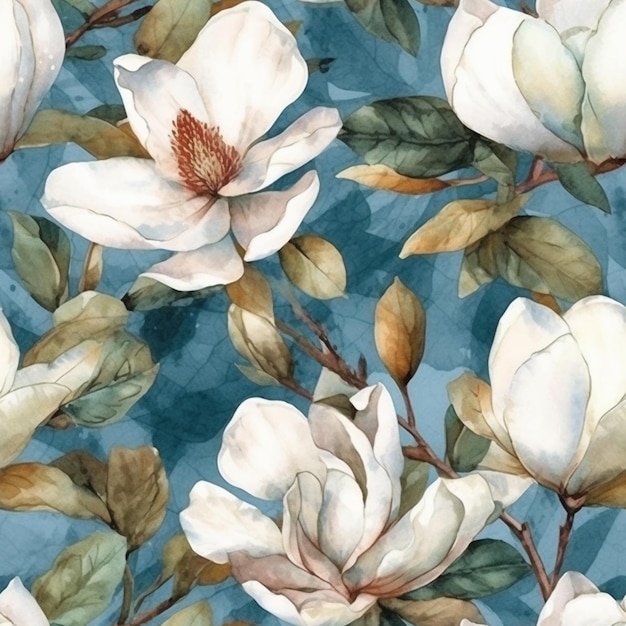 Fiori di magnolia bianchi su sfondo blu acquerello