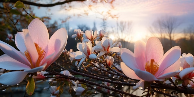 fiori di magnolia sui rami gocce d'acqua di rugiada mattutina nel giardino