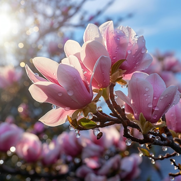 fiori di magnolia sui rami gocce d'acqua di rugiada mattutina nel giardino