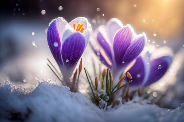Fiori di margherita che fioriscono viola sulla neve con sfondo bokeh sfocato durante l'alba
