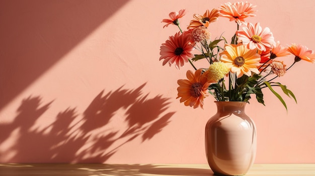 Fiori di margherite brillanti in un vaso rosa sulle ombre del tavolo sulla parete rosa