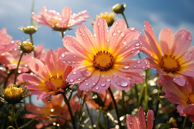 Fiori di margherite gialle, rosa e arancioni che fioriscono in un campo al sole dopo la pioggia