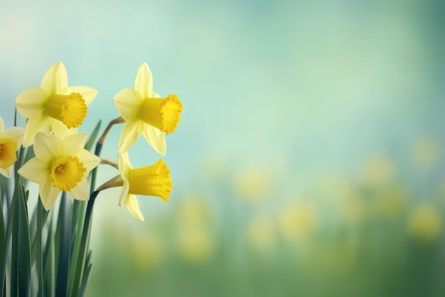 Fiori di narcisi e prato primaverile sfocato Fiori gialli con la luce del sole morbida