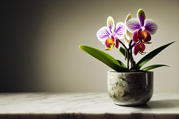 Fiori di orchidea viola in vaso su sfondo grigio