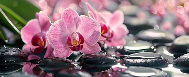 fiori di orchidee rosa su ciottoli neri lucidi con gocce d'acqua