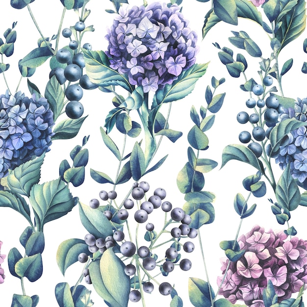 Fiori di ortensia di fiori blu lilla e rosa con rami di eucalipto su sfondo bianco Illustrazione ad acquerello Motivo senza cuciture della collezione WEDDING FLOWERS Per il design decorativo